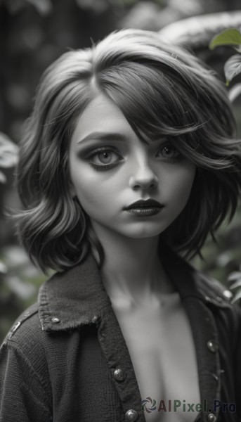 1girl,solo,breasts,looking at viewer,short hair,bangs,cleavage,medium breasts,collarbone,jacket,monochrome,upper body,greyscale,small breasts,parted lips,open clothes,teeth,artist name,signature,medium hair,blurry,open jacket,lips,eyelashes,no bra,makeup,buttons,depth of field,blurry background,leaf,watermark,lipstick,spot color,realistic,nose,unbuttoned,mascara,denim jacket,flower,swept bangs