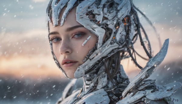 1girl, solo, looking at viewer, blue eyes, black hair, outdoors, parted lips, blurry, lips, grey eyes, blurry background, helmet, portrait, snow, science fiction, snowing, realistic, cable