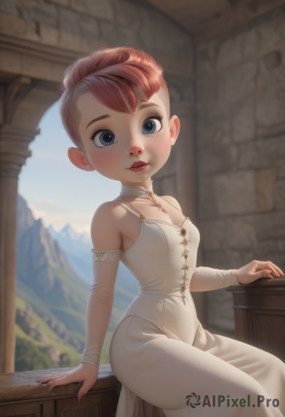 1girl,solo,breasts,looking at viewer,smile,short hair,blue eyes,dress,bare shoulders,jewelry,sitting,red hair,small breasts,outdoors,parted lips,detached sleeves,choker,day,indoors,necklace,white dress,blurry,lips,see-through,makeup,blurry background,arm support,child,corset,freckles,female child,blush,pink hair,sky,nail polish