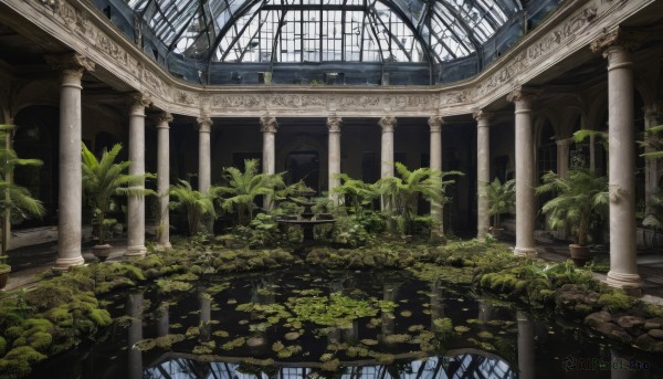 day,indoors,water,tree,dutch angle,no humans,window,sunlight,plant,scenery,stairs,potted plant,architecture,ruins,pillar,lily pad,arch,moss,overgrown,column,reflection,rock,fantasy,bridge,pond