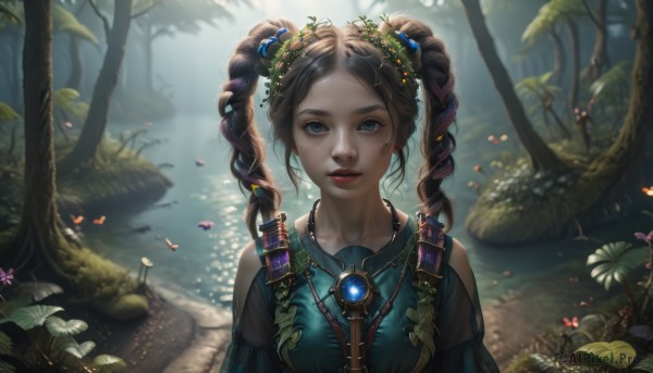 1girl,solo,long hair,breasts,looking at viewer,smile,bangs,blue eyes,brown hair,hair ornament,bare shoulders,twintails,jewelry,upper body,braid,flower,outdoors,parted lips,teeth,day,artist name,hair flower,water,necklace,blurry,twin braids,tree,lips,petals,eyelashes,depth of field,blurry background,leaf,watermark,sunlight,plant,gem,nature,pendant,forest,backlighting,freckles,realistic,nose,fantasy,red lips,shoulder cutout,dappled sunlight,river,black hair,dress,medium breasts,parted bangs,makeup,facial mark,bug,brooch,lily pad,aqua dress