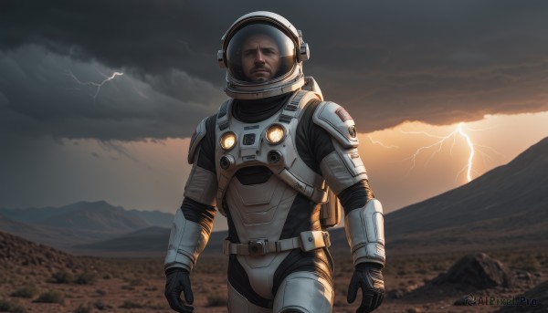 solo,looking at viewer,brown hair,gloves,1boy,standing,male focus,outdoors,sky,black gloves,cloud,armor,facial hair,helmet,cloudy sky,science fiction,mountain,realistic,electricity,lightning,spacesuit,scenery,astronaut