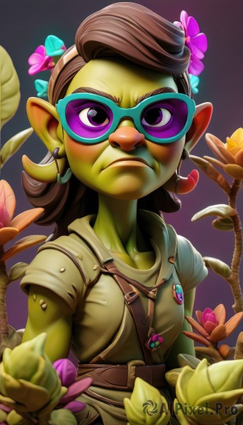 1girl,solo,long hair,looking at viewer,brown hair,shirt,hair ornament,jewelry,closed mouth,purple eyes,upper body,flower,earrings,glasses,pointy ears,belt,hair flower,colored skin,frown,leaf,plant,pink flower,purple background,serious,green skin,goblin,breasts,short hair,long sleeves,1boy,collarbone,jacket,short sleeves,blurry,lips,v-shaped eyebrows,cosplay,sunglasses,nose,purple flower,tinted eyewear,raised eyebrow,yellow skin