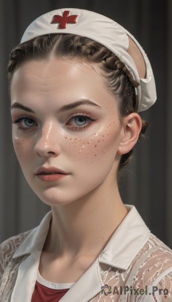 1girl,solo,looking at viewer,short hair,blue eyes,simple background,brown hair,shirt,hat,jacket,braid,parted lips,lips,grey eyes,blood,red shirt,portrait,forehead,freckles,realistic,nose,nurse cap,red lips,nurse,white shirt,eyelashes,red cross