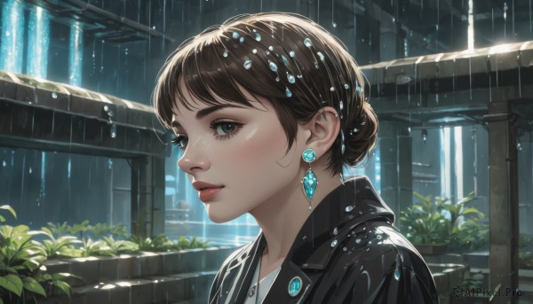 1girl,solo,looking at viewer,smile,short hair,bangs,blue eyes,brown hair,hair ornament,jewelry,closed mouth,jacket,upper body,earrings,outdoors,water,hair bun,black eyes,lips,black jacket,wet,grey eyes,eyelashes,makeup,single hair bun,plant,lipstick,gem,portrait,rain,nose,red lips,blush,black hair,from side,piercing,ear piercing,water drop,realistic,waterfall