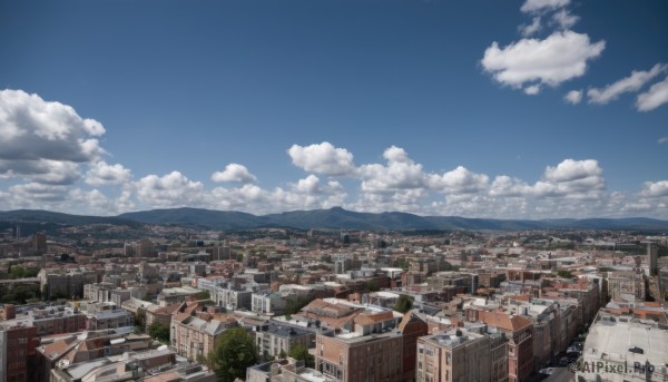 outdoors,sky,day,cloud,tree,blue sky,no humans,window,ocean,cloudy sky,building,scenery,mountain,city,horizon,road,cityscape,house,landscape,rooftop,town,nature,forest