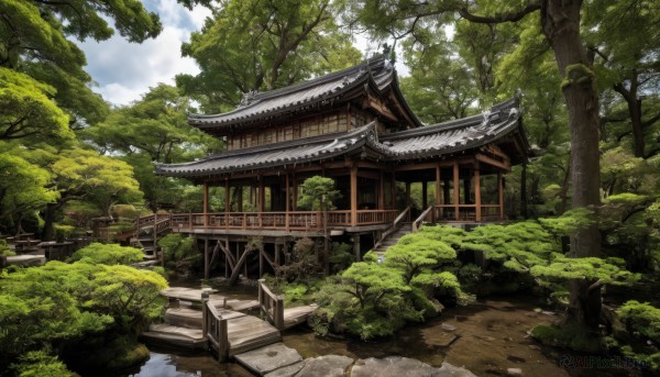 outdoors,sky,day,cloud,tree,blue sky,no humans,cloudy sky,grass,building,nature,scenery,forest,stairs,railing,road,bush,architecture,bridge,east asian architecture,shrine,path,water,plant,rock,pond