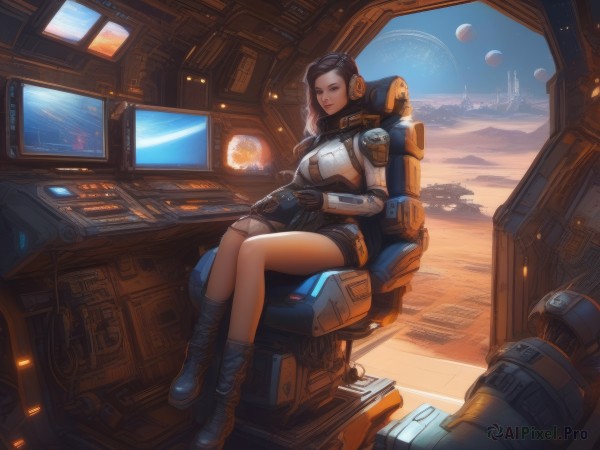 1girl,solo,long hair,breasts,looking at viewer,smile,large breasts,black hair,gloves,brown eyes,sitting,full body,boots,shorts,indoors,lips,bodysuit,chair,helmet,headset,science fiction,realistic,pilot suit,space,computer,monitor,planet,keyboard (computer),spacecraft,tablet pc,helmet removed,spacesuit,cockpit,holographic interface,space helmet,hologram,astronaut,joystick,holding,medium breasts,bag,headphones,backpack,reading,earth (planet),jetpack