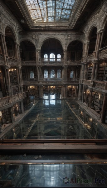 indoors,water,no humans,window,sunlight,building,scenery,reflection,light rays,stairs,railing,architecture,bridge,pillar,library,ceiling,stained glass,church,arch,chandelier,sky,book,fantasy,bookshelf