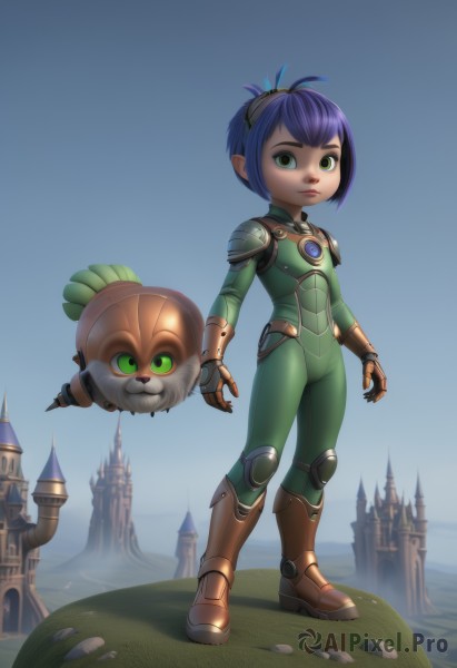 1girl,solo,looking at viewer,short hair,bangs,closed mouth,green eyes,blue hair,standing,full body,purple hair,boots,outdoors,sky,pointy ears,armor,blue sky,bodysuit,grass,shoulder armor,gauntlets,knee pads,greaves,castle,green bodysuit,gloves