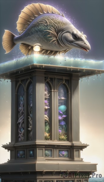 sky,artist name,water,no humans,animal,watermark,scenery,fish,fantasy,shell,pillar,statue,arch,open mouth,flower,from side,window,plant,light particles,purple flower,light,scales,turtle