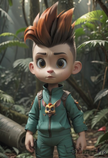 solo,looking at viewer,short hair,brown hair,long sleeves,1boy,brown eyes,closed mouth,standing,jacket,male focus,multicolored hair,cowboy shot,outdoors,artist name,bag,blurry,two-tone hair,tree,blurry background,leaf,sunlight,backpack,plant,spiked hair,child,nature,forest,zipper,freckles,male child,signature,mushroom,jumpsuit,squirrel,acorn