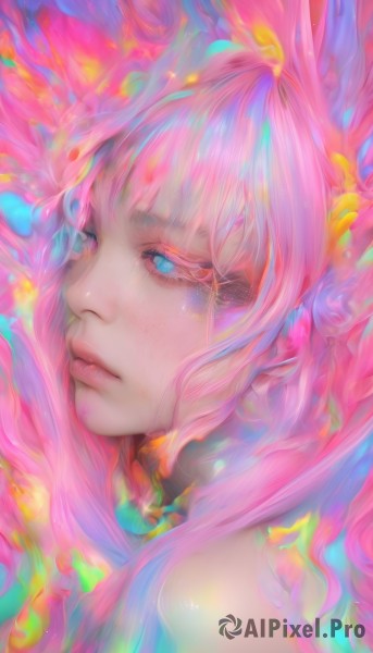 1girl,solo,long hair,bangs,blue eyes,closed mouth,pink hair,multicolored hair,pink eyes,from side,lips,eyelashes,heterochromia,portrait,freckles,nose,colorful,bare shoulders,parted lips,glowing,close-up,colored sclera,abstract