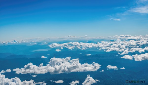 monochrome,outdoors,sky,day,cloud,blue sky,no humans,ocean,cloudy sky,scenery,blue theme,mountain,horizon,landscape,above clouds,water,nature,island