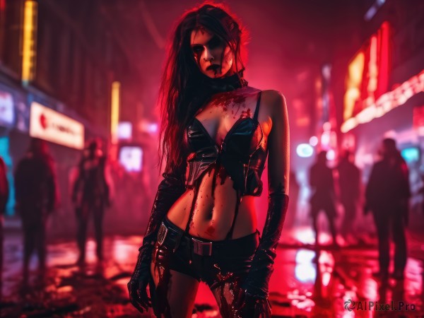 1girl,solo,long hair,breasts,skirt,black hair,gloves,navel,cleavage,bare shoulders,medium breasts,weapon,solo focus,choker,elbow gloves,midriff,belt,miniskirt,blurry,collar,gun,torn clothes,blood,blurry background,suspenders,injury,blood on face,city,blood splatter,cyberpunk,neon lights,swimsuit,bikini,shorts,pants,lips,night,denim,bikini top only,facing viewer,realistic,blindfold