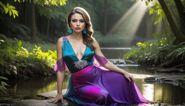 HQ,1girl,solo,long hair,breasts,looking at viewer,blue eyes,skirt,large breasts,brown hair,dress,cleavage,bare shoulders,brown eyes,jewelry,medium breasts,sitting,collarbone,earrings,outdoors,day,artist name,signature,water,covered nipples,tree,lips,sash,no bra,makeup,blue dress,arm support,watermark,sunlight,lipstick,nature,breasts apart,web address,purple dress,forest,light rays,realistic,nose,yokozuwari,sunbeam,dappled sunlight,fingernails,rock