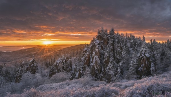 outdoors,sky,cloud,tree,no humans,sunlight,cloudy sky,nature,scenery,snow,forest,sunset,mountain,sun,winter,landscape,mountainous horizon,orange sky,pine tree,sunrise