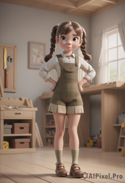 1girl,solo,long hair,looking at viewer,smile,bangs,skirt,brown hair,shirt,long sleeves,dress,twintails,brown eyes,closed mouth,standing,full body,white shirt,braid,shoes,day,socks,collared shirt,indoors,blurry,apron,twin braids,flat chest,loli,window,blurry background,umbrella,brown footwear,thick eyebrows,curtains,white socks,loafers,child,hands on hips,wooden floor,female child,overalls,shelf,ribbed legwear,grey socks,shorts,white skirt,mary janes,doll,drawer