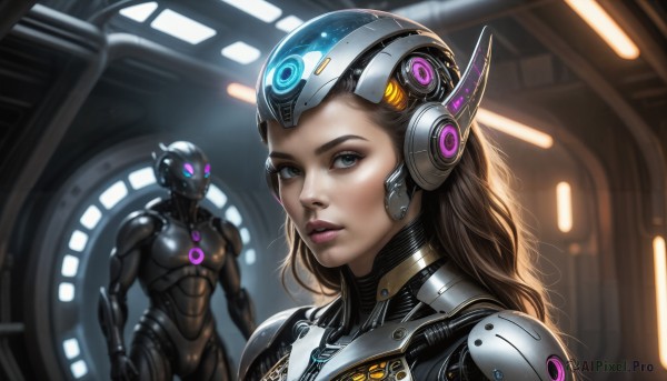 HQ,1girl,long hair,looking at viewer,blue eyes,brown hair,1boy,upper body,parted lips,solo focus,armor,lips,bodysuit,makeup,glowing,headgear,helmet,robot,science fiction,realistic,nose,cyborg,power armor,neon trim,cyberpunk,eyeshadow