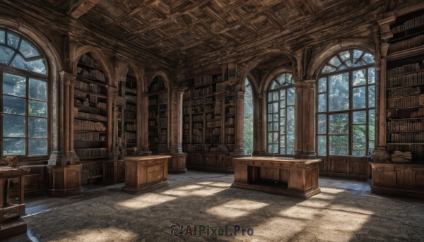 sky,day,indoors,tree,book,no humans,window,shadow,chair,table,sunlight,plant,box,scenery,light rays,wooden floor,stairs,bookshelf,architecture,shelf,book stack,library,globe,cloud,candle,carpet,candlestand