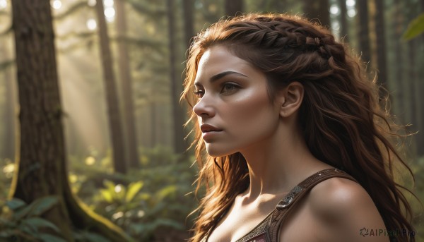 1girl,solo,long hair,brown hair,bare shoulders,brown eyes,closed mouth,collarbone,upper body,braid,outdoors,blurry,from side,tree,lips,eyelashes,depth of field,blurry background,wavy hair,looking away,plant,portrait,nature,french braid,forest,realistic,nose,looking afar,breasts,cleavage,day,artist name,leaf,sunlight,freckles,curly hair,light rays,dappled sunlight