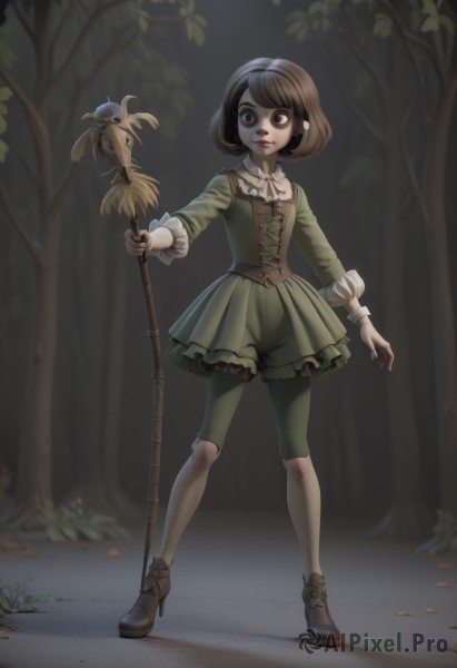 1girl,solo,looking at viewer,short hair,bangs,skirt,brown hair,black hair,long sleeves,dress,holding,brown eyes,jewelry,closed mouth,standing,full body,pantyhose,hairband,boots,outdoors,frills,shoes,shorts,black eyes,high heels,tree,makeup,brown footwear,staff,green skirt,nature,corset,forest,green dress,wide-eyed,holding staff,green shorts,blue eyes,shirt,earrings,artist name,lips,bob cut,bug,lipstick,high heel boots,legs apart,green shirt,red lips,ankle boots