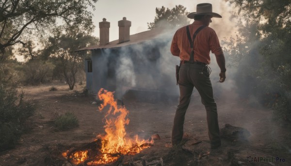 The allure of a male in a dynamic fiery outdoors