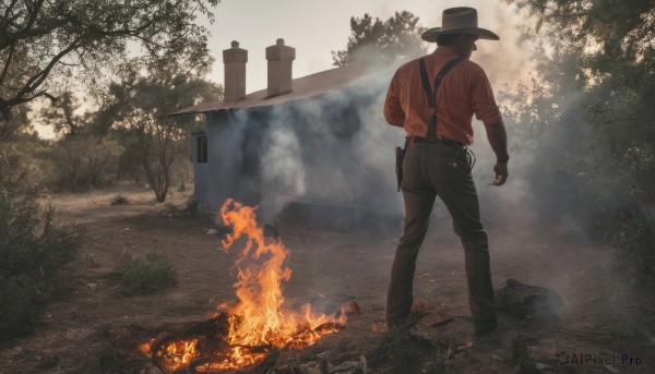 solo,shirt,1boy,hat,standing,full body,male focus,outdoors,collared shirt,belt,pants,from behind,tree,gun,black headwear,muscular,black pants,suspenders,fire,red shirt,nature,smoke,bush,holster,burning,long sleeves,weapon,shoes,black footwear,grass,scenery,facing away,road