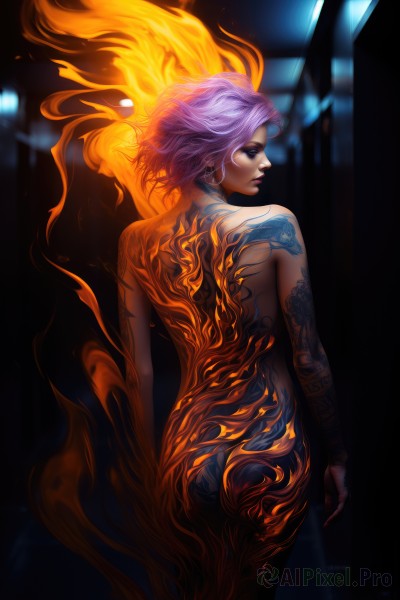 1girl,solo,looking at viewer,short hair,jewelry,standing,pink hair,purple hair,ass,nude,earrings,looking back,artist name,from behind,blurry,lips,tattoo,makeup,back,fire,realistic,nose,arm tattoo,back tattoo,full-body tattoo