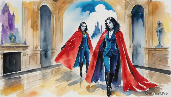 1girl,breasts,smile,blue eyes,multiple girls,black hair,gloves,2girls,jewelry,boots,black gloves,pants,cape,makeup,mask,colored skin,formal,suit,lipstick,pale skin,dual persona,curly hair,red cape,candle,vampire,animification,black lips,long hair,looking at viewer,cleavage,medium breasts,weapon,choker,sword,indoors,hood,black footwear,vest,traditional media,knee boots,clock,red lips,painting (medium),superhero,castle