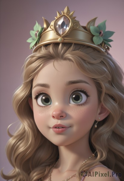 1girl,solo,long hair,looking at viewer,blonde hair,simple background,brown hair,hair ornament,bare shoulders,jewelry,green eyes,collarbone,earrings,parted lips,teeth,necklace,lips,eyelashes,leaf,wavy hair,tiara,crown,gem,portrait,freckles,nose,smile,flower,artist name,hair flower,thick eyebrows,realistic