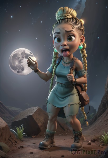 1girl,solo,long hair,open mouth,skirt,blonde hair,brown hair,dress,brown eyes,jewelry,very long hair,standing,full body,braid,earrings,boots,outdoors,sky,teeth,tongue,socks,dark skin,tongue out,necklace,bag,twin braids,bracelet,dark-skinned female,night,blue dress,brown footwear,moon,thick eyebrows,backpack,child,star (sky),night sky,armband,cross-laced footwear,starry sky,beads,rock,female child,planet,multi-tied hair,multiple braids,breasts,shirt,hair ornament,holding,twintails,short sleeves,small breasts,shorts,artist name,cloud,torn clothes,upper teeth only,watermark,grass,full moon,watch,shoulder bag,nose,wristwatch,facepaint,dirty,pearl necklace,very dark skin,brown bag,dreadlocks,aqua dress,nose piercing,shoelaces