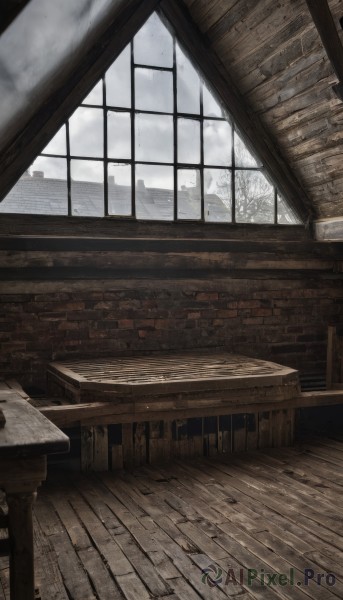 outdoors,sky,day,cloud,indoors,tree,no humans,window,chair,table,cloudy sky,building,scenery,wooden floor,wall,ruins,brick wall,wood,rain,cityscape,bare tree,wooden table,wooden chair