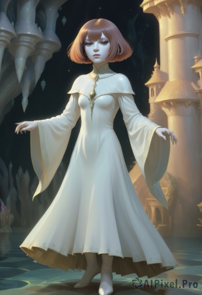 1girl,solo,breasts,looking at viewer,short hair,bangs,brown hair,long sleeves,dress,brown eyes,jewelry,closed mouth,standing,full body,small breasts,boots,wide sleeves,white dress,lips,white footwear,bob cut,pale skin,long dress,pillar,statue,water,necklace,fantasy,castle