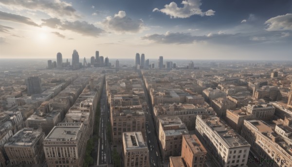 outdoors,sky,day,cloud,water,tree,no humans,bird,ocean,sunlight,cloudy sky,building,scenery,sunset,city,sun,horizon,cityscape,skyscraper,rooftop,blue sky,landscape,sunrise