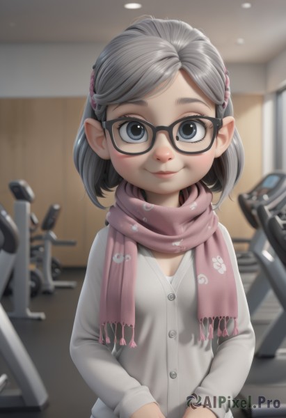 1girl,solo,looking at viewer,smile,short hair,hair ornament,long sleeves,closed mouth,upper body,grey hair,glasses,hairclip,indoors,scarf,blurry,black eyes,lips,grey eyes,buttons,depth of field,blurry background,cardigan,animal print,child,black-framed eyewear,female child,pink scarf,blush,blue eyes,black hair,pointy ears