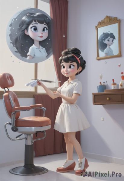 1girl,solo,blush,smile,short hair,bangs,black hair,dress,holding,closed mouth,standing,full body,short sleeves,hairband,shoes,socks,indoors,hair bun,white dress,black eyes,window,shadow,chair,curtains,white socks,red footwear,child,desk,reflection,rain,mirror,collared dress,female child,photo (object),pink hairband,long hair,makeup,single hair bun,thought bubble,paper,pen,lamp,drawing,quill