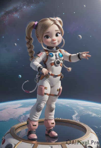 1girl,solo,long hair,looking at viewer,smile,blonde hair,brown hair,twintails,brown eyes,standing,full body,braid,small breasts,boots,twin braids,hand on hip,bodysuit,moon,child,star (sky),female child,space,white bodysuit,planet,earth (planet),spacesuit,astronaut,breasts,blush,realistic,space helmet