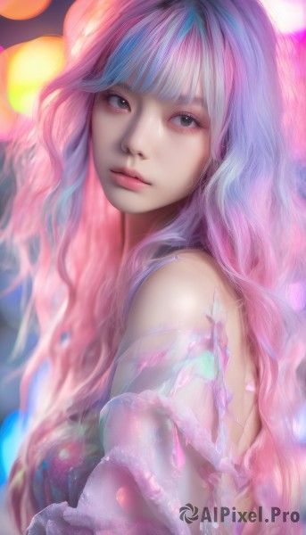 1girl,solo,long hair,looking at viewer,bangs,bare shoulders,closed mouth,blue hair,upper body,pink hair,multicolored hair,blunt bangs,blurry,black eyes,from side,lips,looking to the side,grey eyes,makeup,wavy hair,realistic,nose,dress,watermark