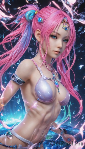 1girl,solo,long hair,breasts,looking at viewer,bangs,blue eyes,hair ornament,navel,cleavage,bare shoulders,twintails,jewelry,medium breasts,closed mouth,swimsuit,pink hair,bikini,multicolored hair,earrings,belt,necklace,stomach,nail polish,bracelet,aqua eyes,lips,parted bangs,abs,gem,bikini top only,armlet,toned,ice,circlet,crystal,realistic,nose,bikini armor,navel piercing,ribs,shell,seashell,upper body,ponytail,parted lips,revealing clothes,armband