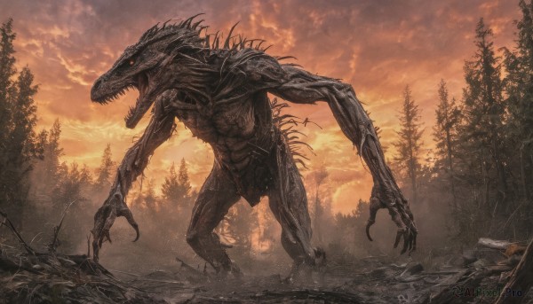 solo,open mouth,standing,outdoors,sky,teeth,cloud,tree,no humans,cloudy sky,sharp teeth,nature,scenery,claws,forest,sunset,monster,giant,dinosaur,kaijuu,red eyes,tail