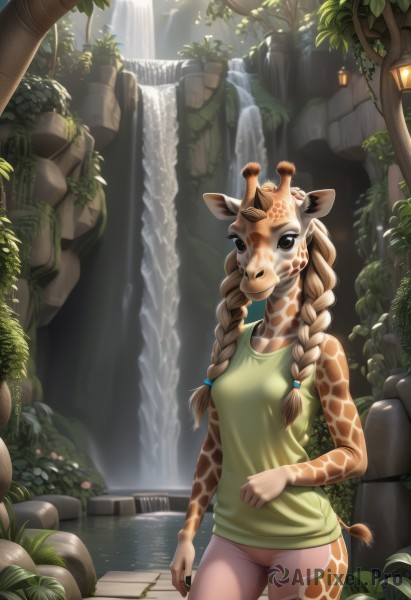 1girl,solo,long hair,breasts,looking at viewer,brown hair,shirt,animal ears,brown eyes,medium breasts,standing,tail,braid,cowboy shot,small breasts,outdoors,sleeveless,day,pants,artist name,water,twin braids,tree,bare arms,sleeveless shirt,mask,tank top,plant,monster girl,nature,hair over shoulder,furry,wading,green shirt,furry female,antlers,waterfall,deer ears,horns,leaf,deer