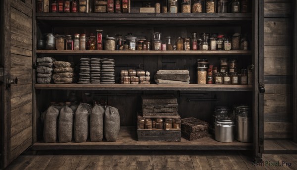 food,indoors,cup,no humans,bottle,scenery,wooden floor,basket,shelf,jar,shop,barrel,box,still life,counter