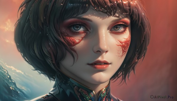 1girl,solo,looking at viewer,short hair,bangs,blue eyes,brown hair,black hair,brown eyes,parted lips,sky,water,lips,wet,eyelashes,bodysuit,makeup,facial mark,bob cut,lipstick,portrait,close-up,eyeshadow,science fiction,realistic,nose,red lips,eyeliner,facepaint,mascara,teeth,blurry,tattoo