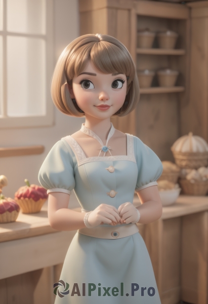 1girl,solo,looking at viewer,smile,short hair,bangs,brown hair,gloves,dress,brown eyes,jewelry,closed mouth,standing,short sleeves,hairband,small breasts,food,day,puffy sleeves,artist name,indoors,white gloves,blurry,black eyes,puffy short sleeves,lips,window,buttons,fruit,depth of field,blurry background,blue dress,swept bangs,table,bob cut,own hands together,brooch,gem,nose,basket,bread,shelf,kitchen,breasts,collarbone,cowboy shot,belt,bracelet,looking to the side,wrist cuffs