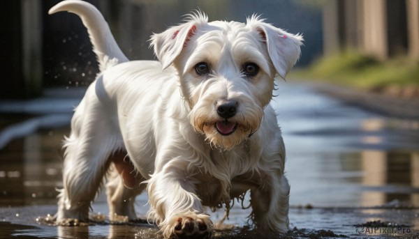 HQ,solo,looking at viewer,open mouth,tail,full body,outdoors,day,tongue,tongue out,water,blurry,black eyes,no humans,depth of field,blurry background,animal,all fours,dog,realistic,animal focus,brown eyes,standing,fangs,watermark,web address,claws,white fur