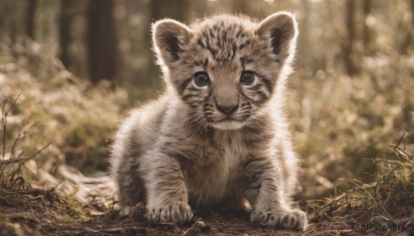 solo,looking at viewer,closed mouth,full body,outdoors,day,blurry,black eyes,tree,no humans,depth of field,blurry background,animal,grass,plant,nature,forest,realistic,animal focus,tiger,signature,grey eyes,cat,branch