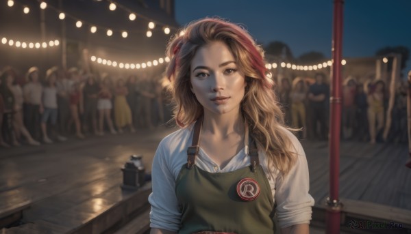 1girl,solo,long hair,looking at viewer,smile,blonde hair,brown hair,shirt,brown eyes,collarbone,white shirt,upper body,outdoors,parted lips,solo focus,collared shirt,blurry,apron,lips,night,depth of field,blurry background,messy hair,sleeves rolled up,realistic,nose,bandana,head scarf,badge,overalls,lights