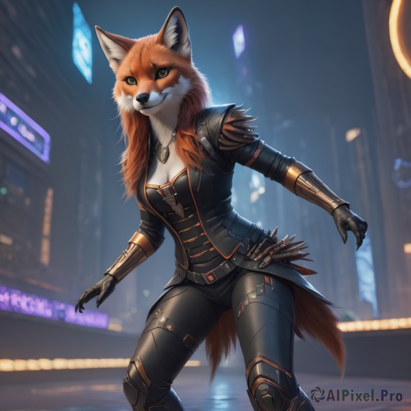 1girl,solo,long hair,breasts,looking at viewer,smile,gloves,animal ears,cleavage,jewelry,medium breasts,standing,jacket,tail,yellow eyes,outdoors,belt,pants,artist name,necklace,armor,blurry,open jacket,black jacket,fox ears,night,blurry background,fox tail,heterochromia,black pants,gauntlets,furry,colored sclera,city,furry female,city lights,blue eyes,red hair,boots,orange hair,fox