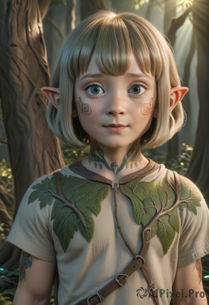 1girl,solo,looking at viewer,short hair,bangs,blue eyes,blonde hair,shirt,1boy,closed mouth,green eyes,white shirt,upper body,short sleeves,male focus,outdoors,parted lips,day,pointy ears,blurry,tree,lips,grey eyes,tattoo,blurry background,leaf,facial mark,sunlight,bob cut,elf,nature,forest,realistic,nose,facepaint,facial tattoo,brown hair,belt,artist name,plant,fantasy